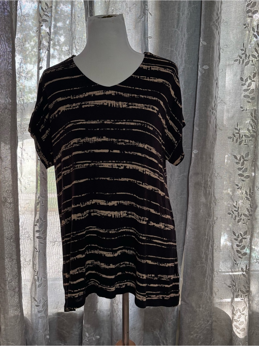 Habitat Black and Cream Striped V-Neck Short Sleeve Top